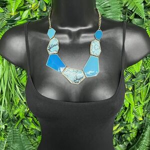 Blue Geometric Snakeskin Bib Statement Necklace Gold Tone Adjustable Chain 3788